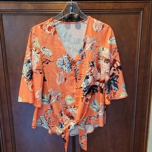 Flower Button down the front top with Tie sz Small Medium Floral flowy LQQK